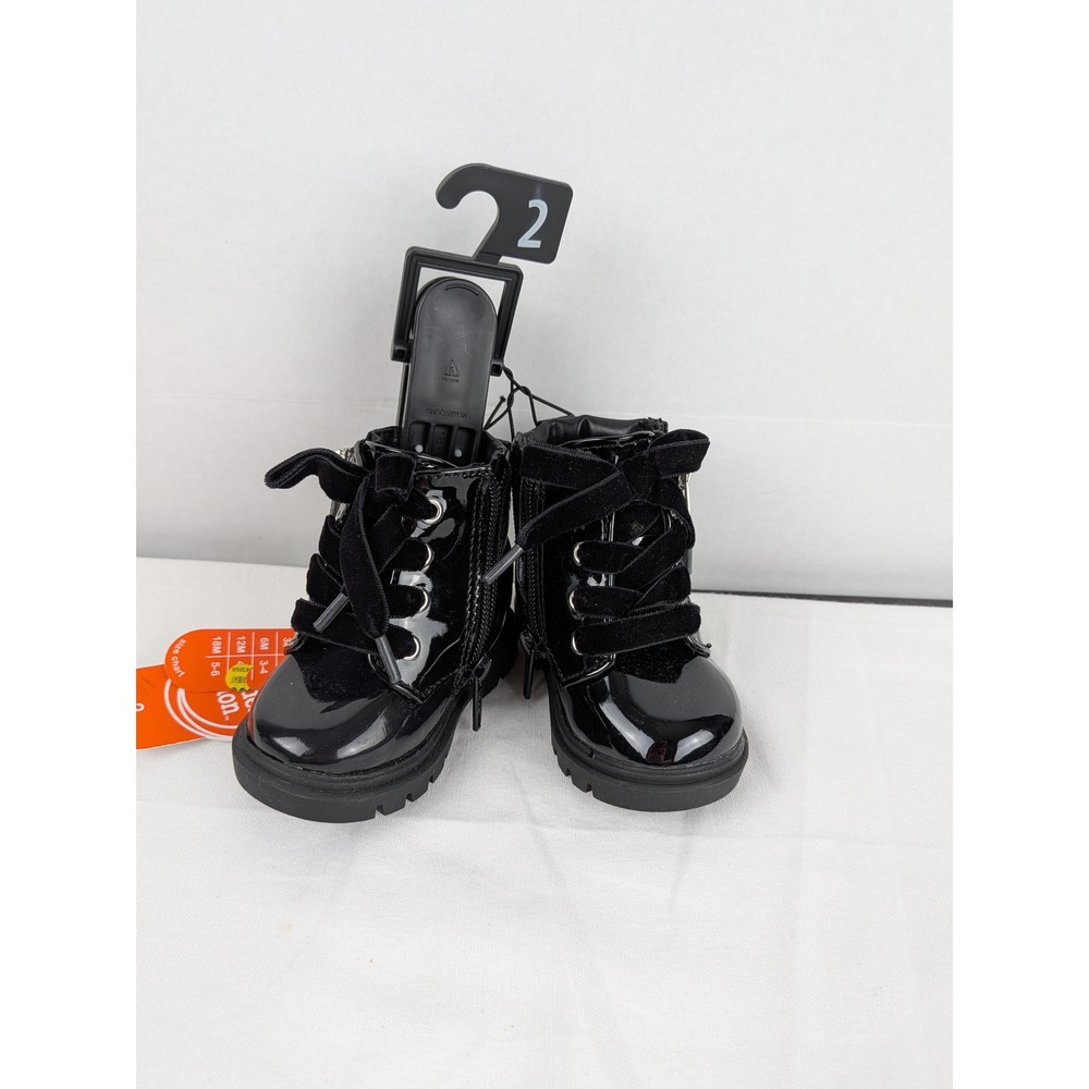 Wonder‎ Nation Kids Black Patent Lace Up Side Zip Combat Boots Size 2